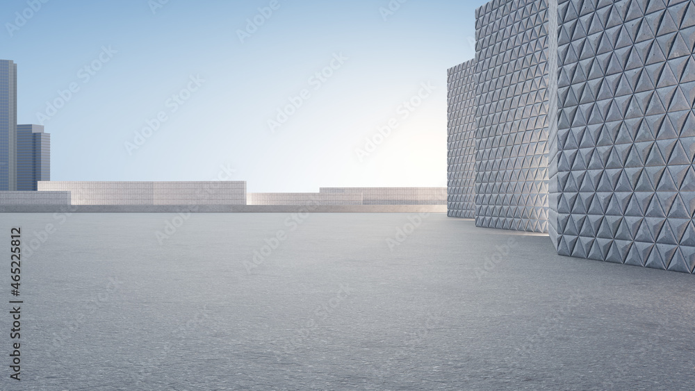 Empty concrete floor for car park. 3d rendering of abstract gray building with clear sky background. - obrazy, fototapety, plakaty 