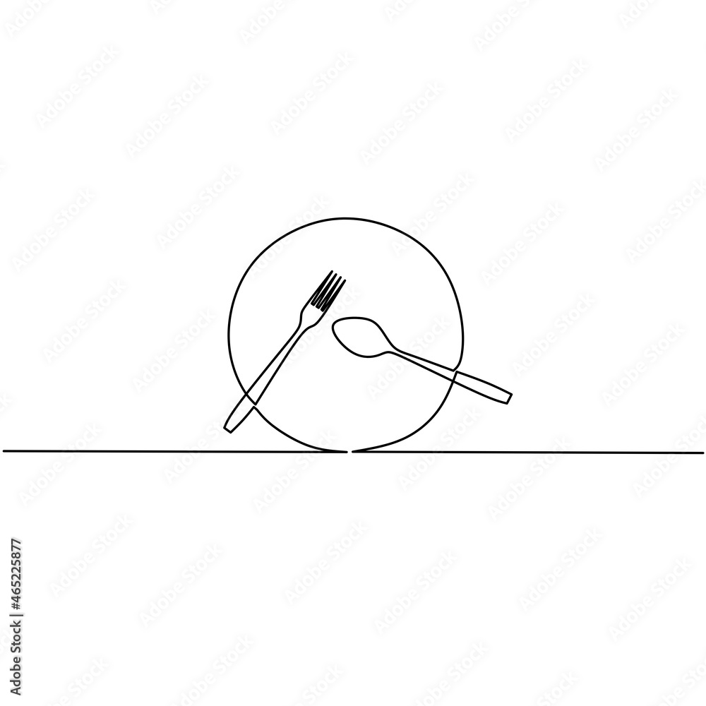 Continuous line drawing of plate with spoon and fork, object one line, single line art, hand drawn, vector illustration Continuous line drawing of plate with spoon and fork, object one line, single line art, hand drawn, vector illustration