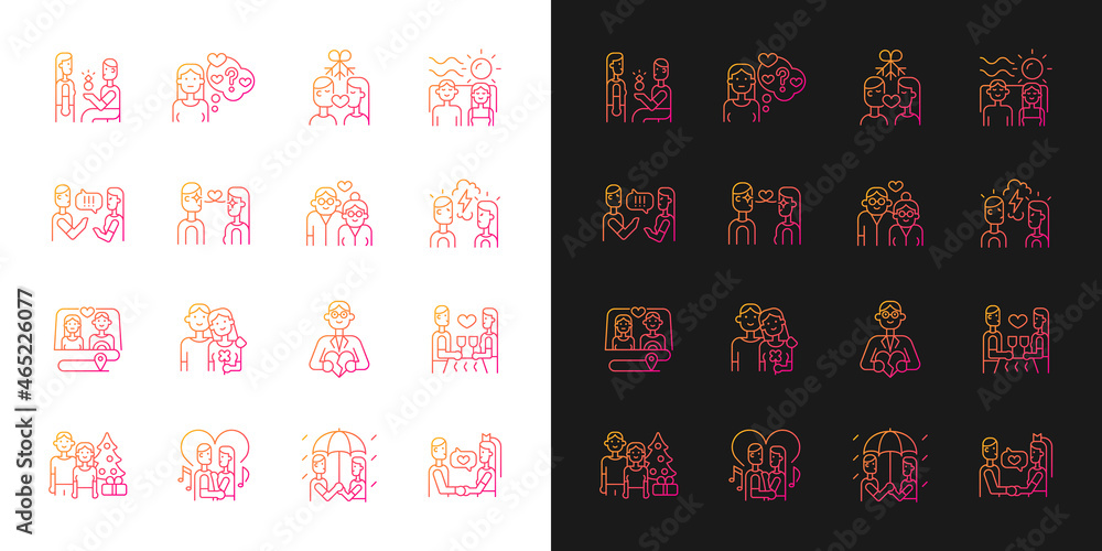 Romance gradient icons set for dark and light mode. Romantic partners spending time together. Thin line contour symbols bundle. Isolated vector outline illustrations collection on black and white Romance gradient icons set for dark and light mode. Romantic partners spending time together. Thin line contour symbols bundle. Isolated vector outline illustrations collection on black and white