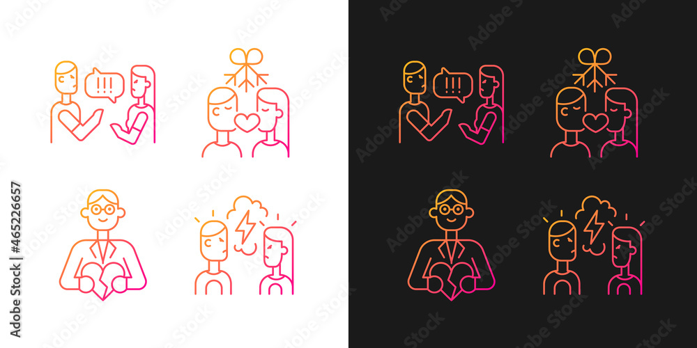 Fototapeta premium Fighting in relationship gradient icons set for dark and light mode. Family and couple consultant. Thin line contour symbols bundle. Isolated vector outline illustrations collection on black and white