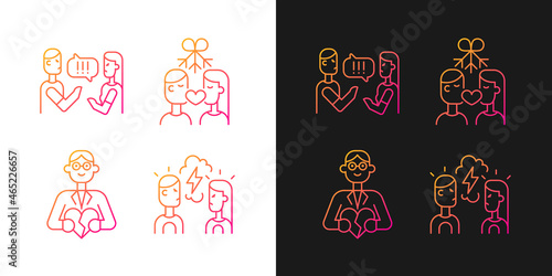 Fighting in relationship gradient icons set for dark and light mode. Family and couple consultant. Thin line contour symbols bundle. Isolated vector outline illustrations collection on black and white
