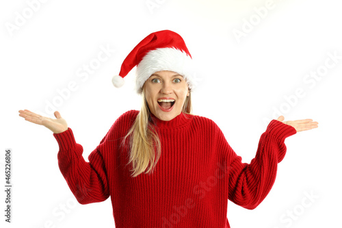 Attractive girl in Santa hat isolated on white background