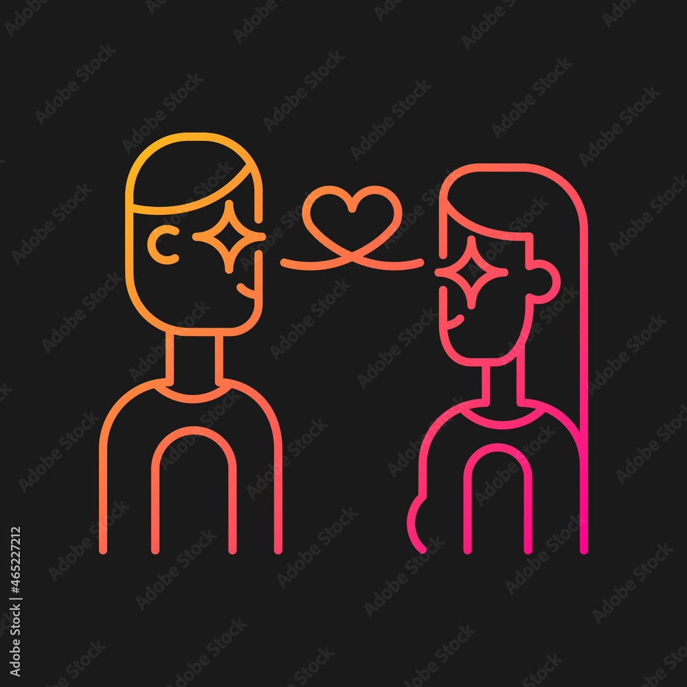 Love at first sight gradient vector icon for dark theme. Instantly falling in love. Two people infatuated by each other. Thin line color symbol. Modern style pictogram. Vector isolated outline drawing Love at first sight gradient vector icon for dark theme. Instantly falling in love. Two people infatuated by each other. Thin line color symbol. Modern style pictogram. Vector isolated outline drawing