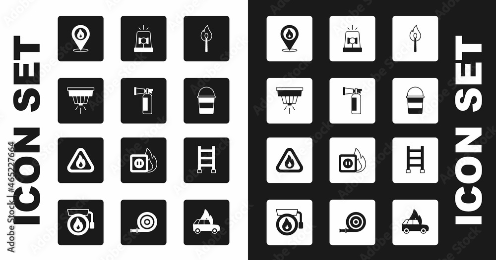 Set Burning match with fire, Fire extinguisher, Smoke alarm system, Location flame, bucket, Flasher siren, escape and triangle icon. Vector Set Burning match with fire, Fire extinguisher, Smoke alarm system, Location flame, bucket, Flasher siren, escape and triangle icon. Vector