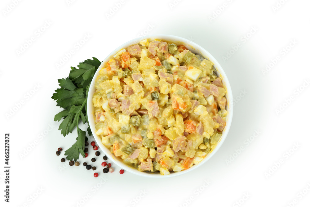Bowl of Olivier salad isolated on white background Bowl of Olivier salad isolated on white background