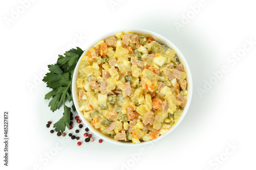Bowl of Olivier salad isolated on white background