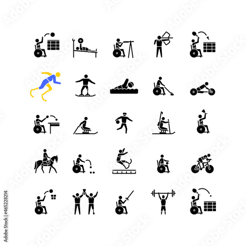 Sport competition black glyph icons set on white space. Professional competitive event. Athletes and sportsmen with disability. Silhouette symbols. Vector isolated illustration collection