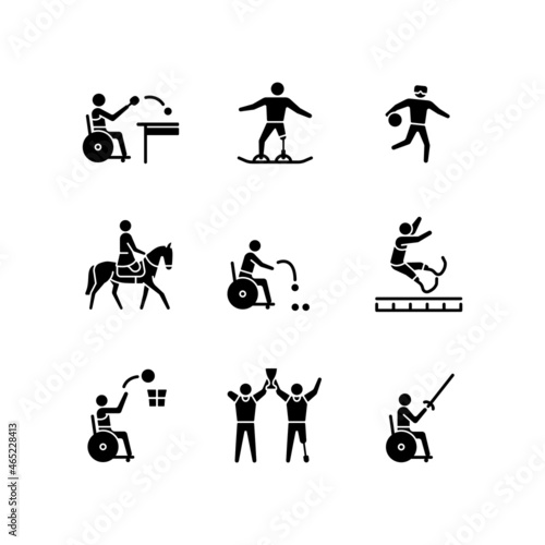 Sport championship black glyph icons set on white space. Varied athletic events. Training and competitive activity. Athletes with physical disablility. Silhouette symbols. Vector isolated illustration