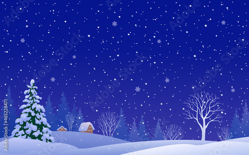 Vector cartoon illustration of a snowy night village, Christmas landscape background