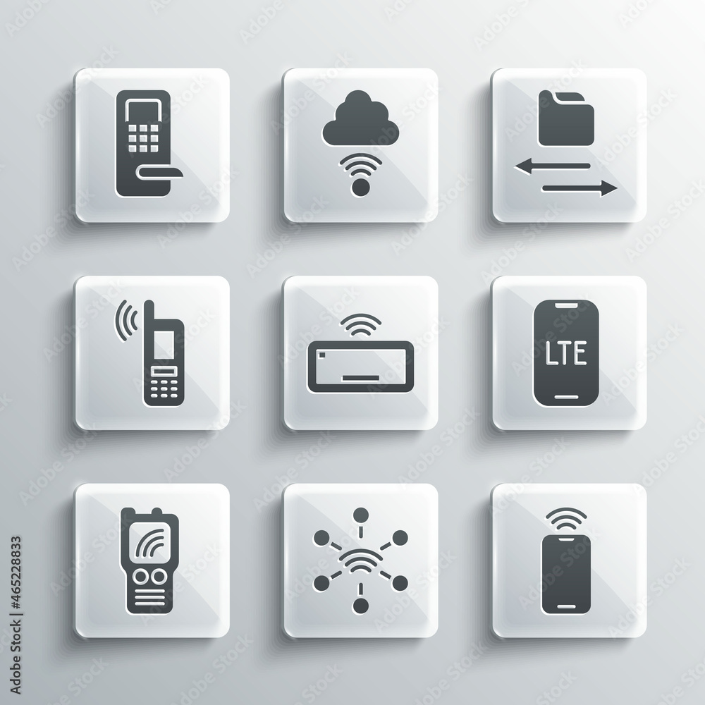 Set Network, Mobile with wi-fi wireless, LTE network, Computer keyboard, Walkie talkie, Digital door lock and Transfer files icon. Vector Set Network, Mobile with wi-fi wireless, LTE network, Computer keyboard, Walkie talkie, Digital door lock and Transfer files icon. Vector