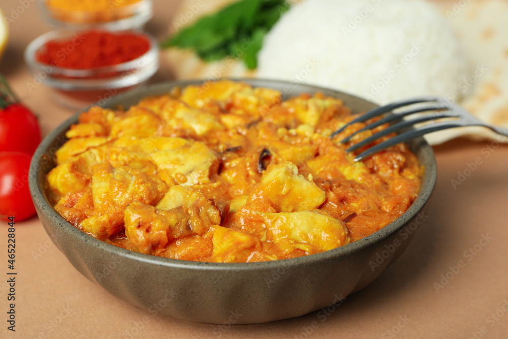 Concept of tasty food with chicken tikka on beige background Concept of tasty food with chicken tikka on beige background