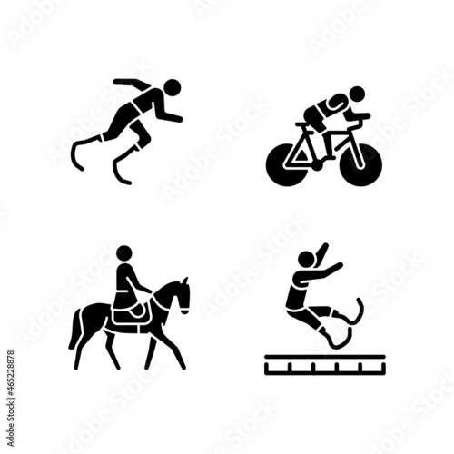 Adaptive sports black glyph icons set on white space. Equestrian and athletic sports. Sportsman with prosthesis. Unique skills demonstration. Silhouette symbols. Vector isolated illustration