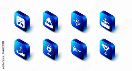 Set Yacht sailboat, Kayak and paddle, Water gymnastics, Medal, Fishing harpoon, Award cup, Surfboard and Paddle icon. Vector