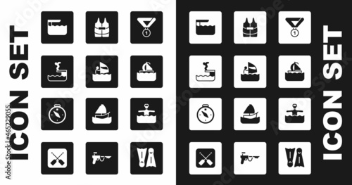 Set Medal, Windsurfing, Swimmer diving into pool, Diving board or springboard, Yacht sailboat, Life jacket, Water gymnastics and Compass icon. Vector