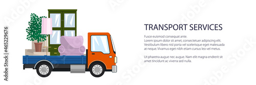 Orange freight small truck is transporting furniture, transportation and cargo delivery services and logistics banner, vector illustration