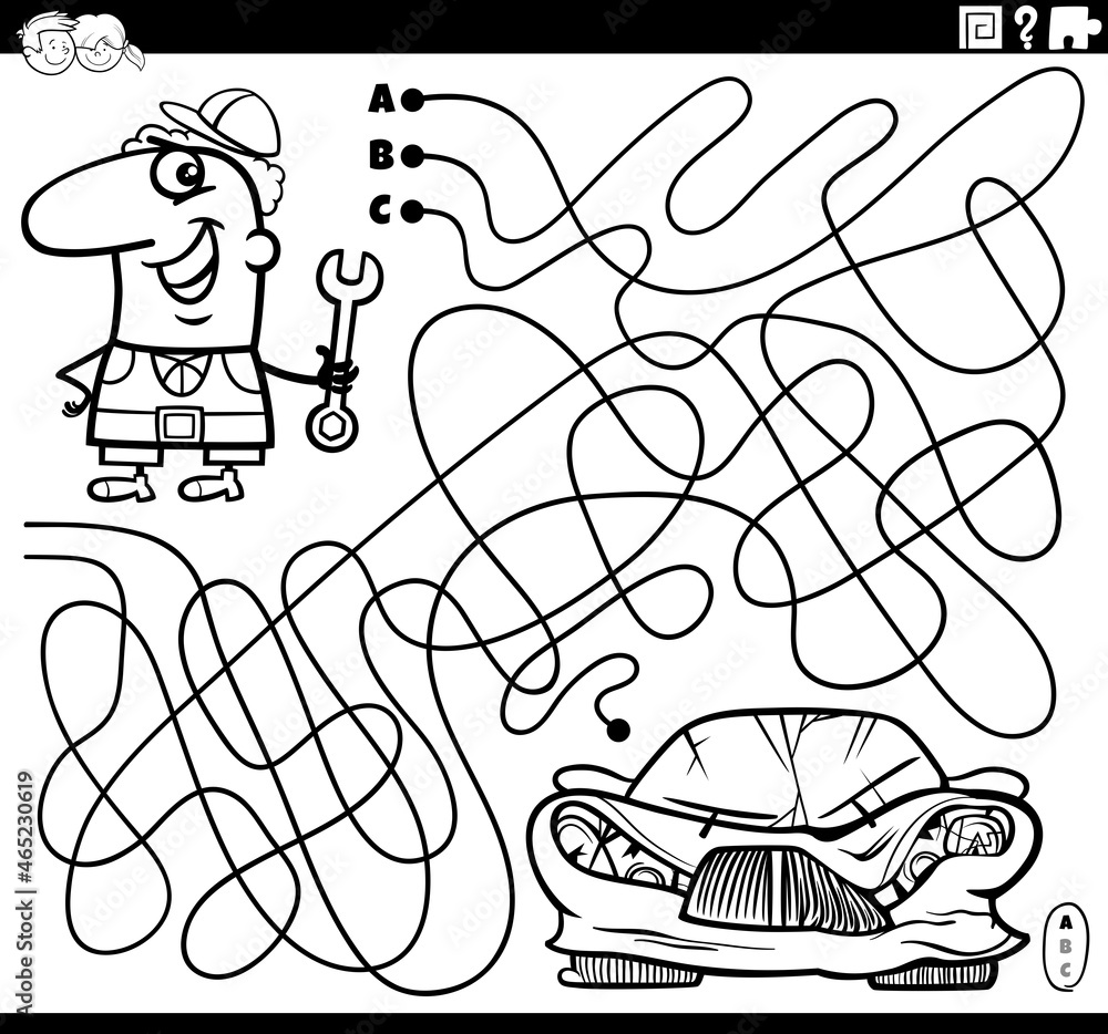 maze with car mechanic and broken car coloring book page