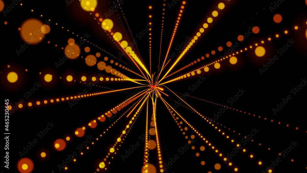 neon orange rays on a black background. abstract corridor of rays. 3d rendering