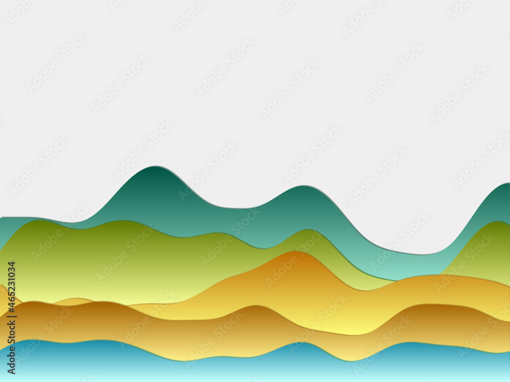 Fototapeta premium Abstract mountains background. Curved layers in contrast blue, orange, green colors. Papercut style hills. Artistic vector illustration.