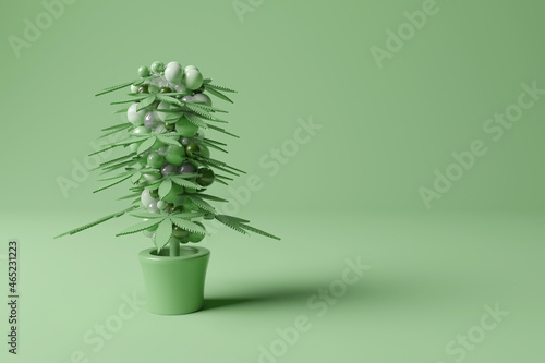 Three dimensional render of potted cannabis plant standing against green background