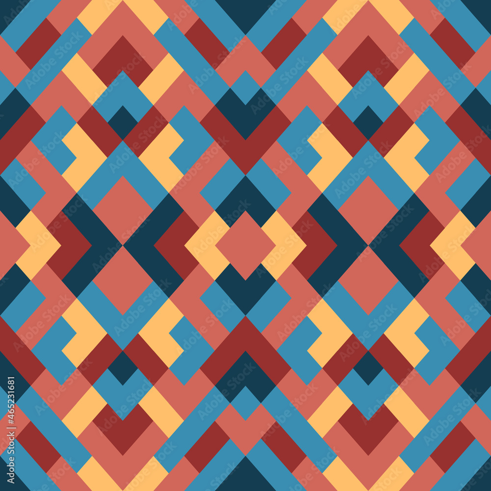 Abstract seamless pattern. Mosaic texture for textile, clown, carpeting, warp, book cover, clothes. Vector geometric background of triangles in blue and red colors Abstract seamless pattern. Mosaic texture for textile, clown, carpeting, warp, book cover, clothes. Vector geometric background of triangles in blue and red colors