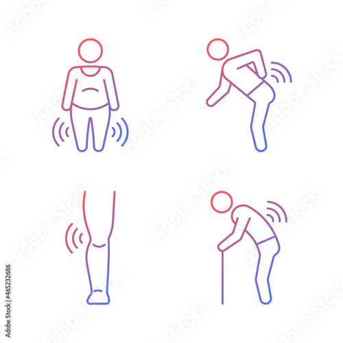 Elderly patients with arthritis gradient linear vector icons set. Body weight. Back rheumatism. Joint damage in children. Thin line contour symbols bundle. Isolated outline illustrations collection