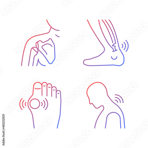 Musculoskeletal pain gradient linear vector icons set. Dislocated shoulder. Muscles overstretching. Neck rheumatism. Thin line contour symbols bundle. Isolated outline illustrations collection