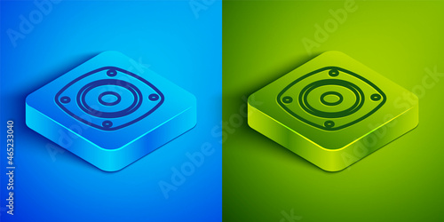 Isometric line Stereo speaker icon isolated on blue and green background. Sound system speakers. Music icon. Musical column speaker bass equipment. Square button. Vector