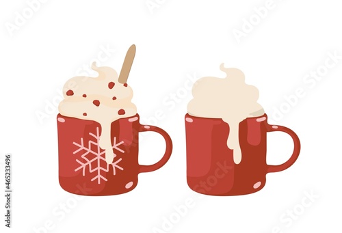 Ceramic red mug. Coffee, tea, cocoa, hot chocolate, whipped cream. Christmas, New Year, cozy winter, holidays. Isolated vector colorful element on a white background. 