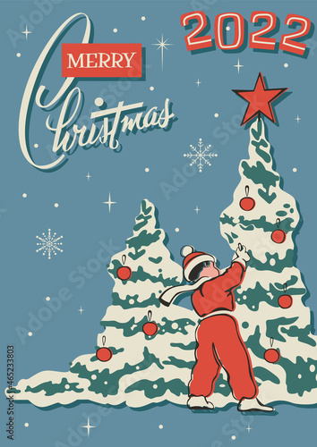 Merry Christmas and Happy New Year 2022 Season Greeting Card Mid Century Modern Style Illustration 