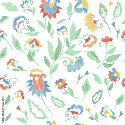 Floral seamless background pattern with fantasy flowers and leaves Line art. Embroidery flowers. Vector illustration. 