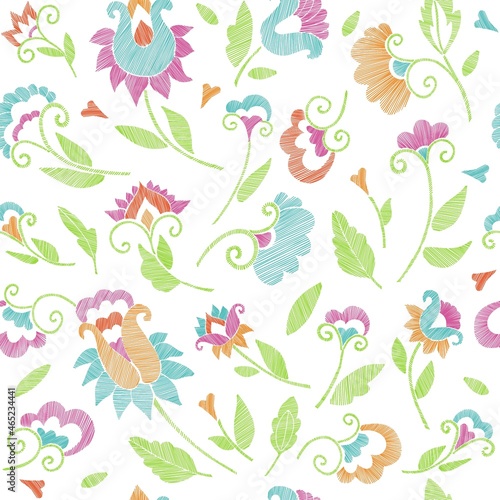 Floral seamless background pattern with fantasy flowers and leaves Line art. Embroidery flowers. Vector illustration. 