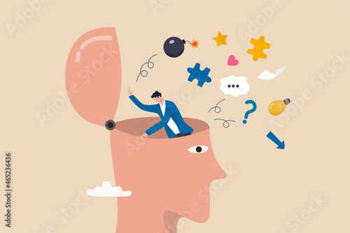 Declutter your mind, clear your brain to regain focus improve creative thinking ability, free up memory concept, ambitious businessman declutter, clean and clear all messy anxiety from his big head.
