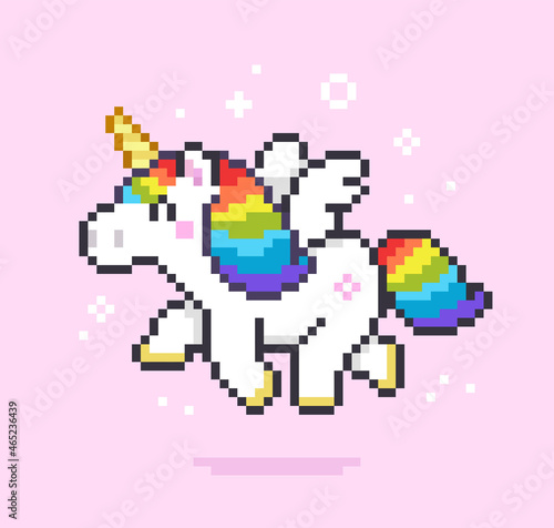 Pixel art cartoon Rainbow Unicorn with wings flying on pink background - isolated vector. Cute White running Unicorn icon in retro 8-bit game style