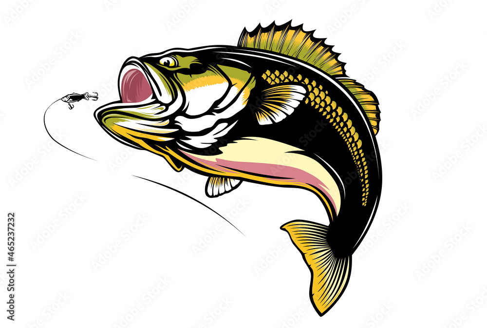 Fishing bass logo. Bass fish with rod club emblem. Fishing theme illustration. Fish Isolated on white. - obrazy, fototapety, plakaty 