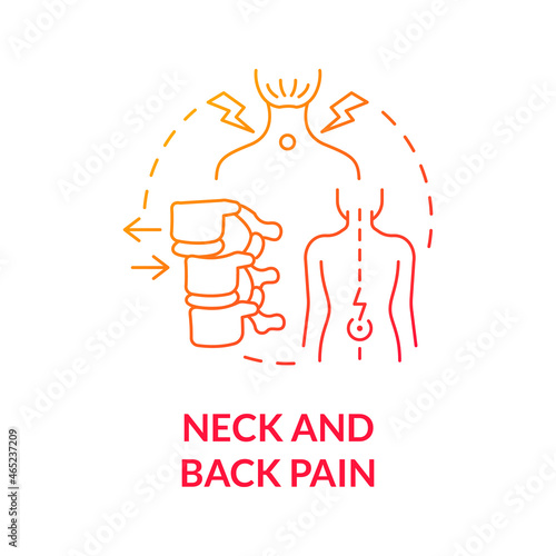 Neck and back pain gradient red concept icon. Patient with spine ache from bad posture. Spinal pain. Physiotherapy abstract idea thin line illustration. Vector isolated outline color drawing