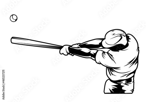 Baseball player. Baseball cap. Hitter swinging with bat. Abstract isolated vector silhouette. Iink drawing