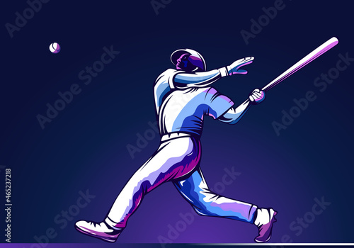 Baseball player. Baseball cap. Hitter swinging with bat. Abstract isolated vector silhouette. Iink drawing