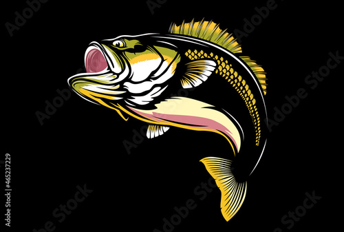 Fishing bass logo. Bass fish with rod club emblem. Fishing theme illustration. Fish Isolated on white.