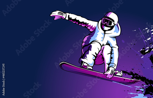 Snowboarder in action vector illustration. Extreme winter sports. Snowboarding emblem. Sport club logo. Snowboarding equipment.