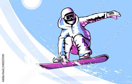 Snowboarder in action vector illustration. Extreme winter sports. Snowboarding emblem. Sport club logo. Snowboarding equipment.