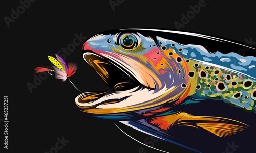 Rainbow trout jumping out water.Salmon isolated on white background. Concept art for horoscope, tattoo or colouring book.