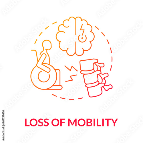Loss of mobility gradient red concept icon. Person with disability in wheelchair. Neurological disorder. Physiotherapy abstract idea thin line illustration. Vector isolated outline color drawing