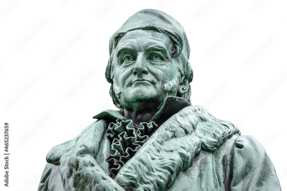 Historic statue of Carl Friedrich Gauss at his birthplace in Braunschweig, Lower Saxony, Germany. Portrait of famous mathematician and physicist (1777-1855), isolated on white background. Historic statue of Carl Friedrich Gauss at his birthplace in Braunschweig, Lower Saxony, Germany. Portrait of famous mathematician and physicist (1777-1855), isolated on white background.