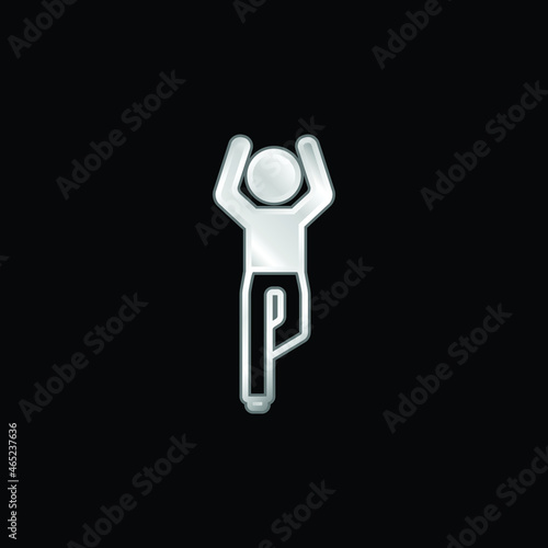 Boy Flexining Leg And With Arms Up silver plated metallic icon