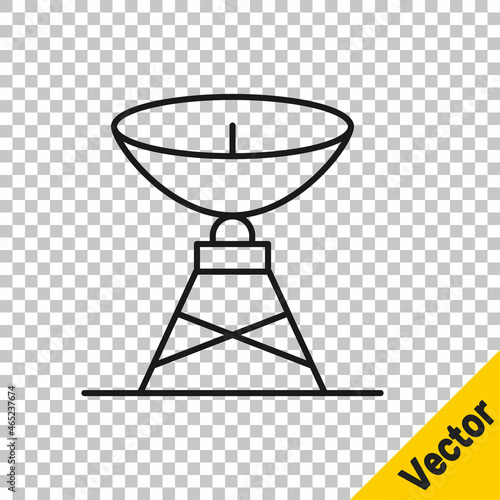 Black line Satellite dish icon isolated on transparent background. Radio antenna, astronomy and space research. Vector