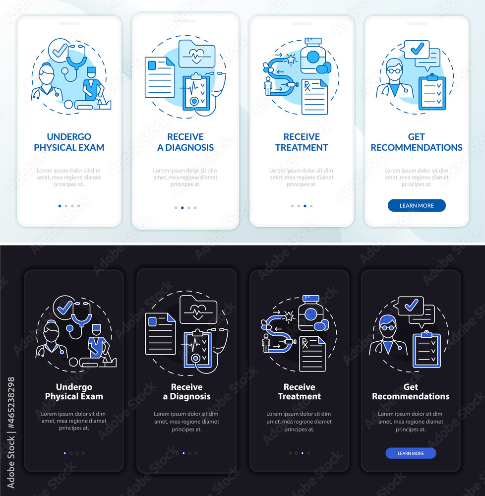 Physiotherapy process onboarding mobile app page screen. Physical therapy walkthrough 4 steps graphic instructions with concepts. UI, UX, GUI vector template with night and day mode illustrations
