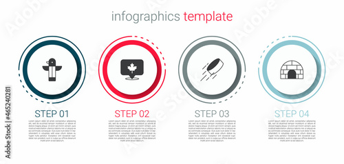 Set Canadian totem pole, maple leaf, Hockey puck and Igloo ice house. Business infographic template. Vector