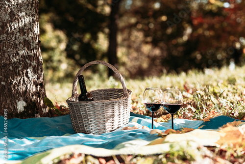 Fototapeta Naklejka Na Ścianę i Meble -  Basket,blanket,wine and glasses on yellow autumn leaves,next to a tree. A cozy autumn picnic in the park, a nice sunny autumn day.Copy space.Toned.