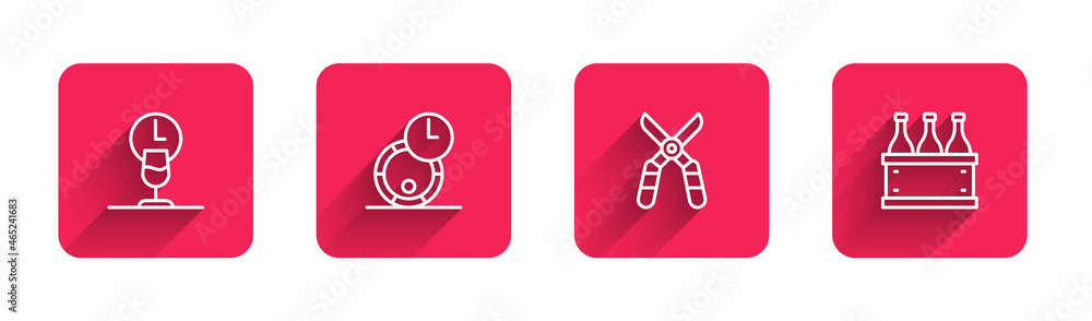 Set line Wine time, Wooden barrel for wine, Gardening scissors and Bottles of box with long shadow. Red square button. Vector Set line Wine time, Wooden barrel for wine, Gardening scissors and Bottles of box with long shadow. Red square button. Vector