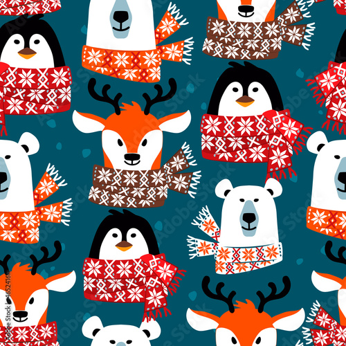 Bear,penguin and deerseamless pattern.Flat cartoon christmas background with heads of animals tied with patterned mufflers.Vector illustration for wallpaper, wrapping paper, print for clothing,covers.